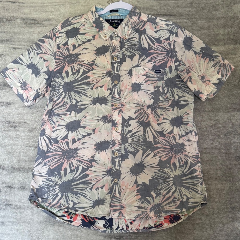 Chubbies Mens Medium Floral Short Sleeve Button Down Shirt Grey Pink Tropical